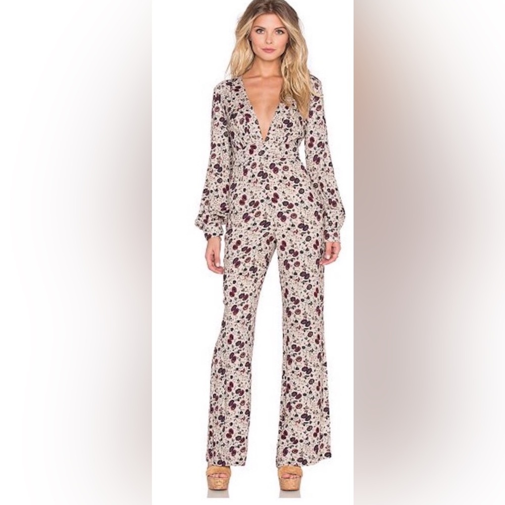 Free People Floral Print Long-Sleeve Jumpsuit in Cream and Burgundy 8